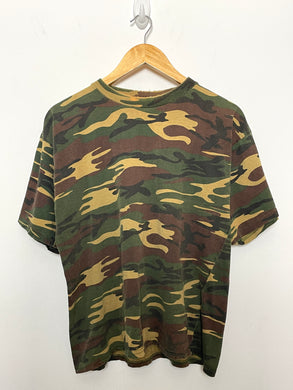 Vintage 1980s American Woodland Military Army Camouflage Print Tee Shirt (size adult Small)