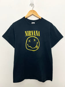 Vintage 2003 Nirvana Smiley Face "Flower Sniffing" Graphic Kurt Cobain Grunge Rock Tee Shirt (size adult Medium)