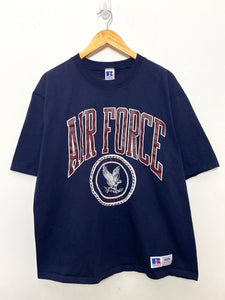 Vintage 1990s US Air Force Eagle Lightning Bolt Big Graphic Russell Athletic High Cotton made in USA Spell Out Tee Shirt (size adult Large)