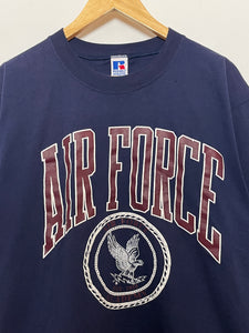Vintage 1990s US Air Force Eagle Lightning Bolt Big Graphic Russell Athletic High Cotton made in USA Spell Out Tee Shirt (size adult Large)