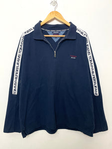 Vintage 1990s Tommy Hilfiger Jeans Navy Blue Sleeve Spell Out Graphic Quarter Zip Pullover Long Sleeve Shirt (size adult XL)