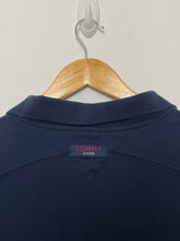 Vintage 1990s Tommy Hilfiger Jeans Navy Blue Sleeve Spell Out Graphic Quarter Zip Pullover Long Sleeve Shirt (size adult XL)
