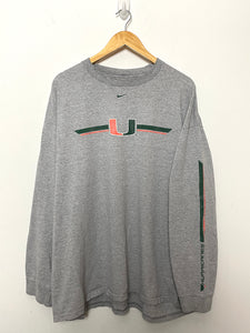 Vintage 1990s Nike University of Miami Hurricanes Mini Swoosh Logo Graphic Long Sleeve College Tee Shirt (size adult XXL)