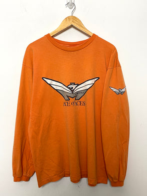 Vintage 1990s Mecca Ace of Aces Spell Out Pilot Aviator Flight Graphic made in USA Orange Long Sleeve Tee Shirt (size adult XL)
