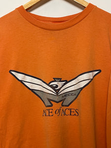 Vintage 1990s Mecca Ace of Aces Spell Out Pilot Aviator Flight Graphic made in USA Orange Long Sleeve Tee Shirt (size adult XL)