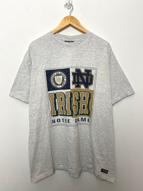 Vintage 1990s University of Notre Dame Fighting Irish made in USA Spell Out Graphic College Tee Shirt (size adult XL)