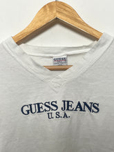 Vintage 1990s Guess Jeans USA by Georges Marciano Embroidered Spell Out Women's Cropped Fit V-Neck Graphic Tee Shirt (size women's Large)