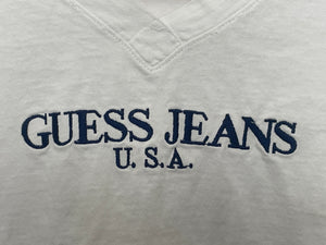 Vintage 1990s Guess Jeans USA by Georges Marciano Embroidered Spell Out Women's Cropped Fit V-Neck Graphic Tee Shirt (size women's Large)