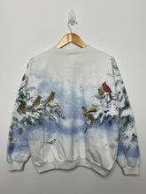 Vintage 1990s Winter Snow Bird Tree Graphic Button Up Cardigan Sweatshirt (size adult Medium)