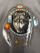 Vintage 1990s Wolf Dreamcatcher Graphic made in USA Ringer Crewneck Sweatshirt (size adult Medium)